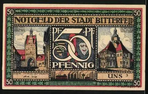 Notgeld Bitterfeld, 50 Pfennig, Wappen, Streit mit zwei Damen, Panorama, Gebäude