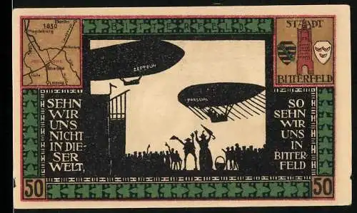 Notgeld Bitterfeld, 50 Pfennig, Wappen, Zeppeline mit Menschenmenge, Panorama, Gebäude