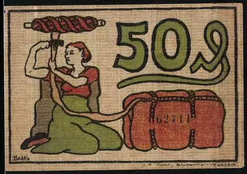 Notgeld Blumenthal 1921, 50 Pfennig, Arbeiter im Hafen, Arbeiterin beim Kämmen von Fasern