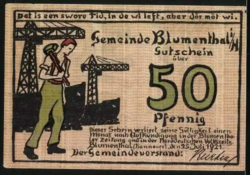 Notgeld Blumenthal 1921, 50 Pfennig, Arbeiter im Hafen, Arbeiterin beim Kämmen von Fasern