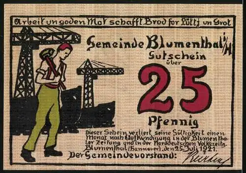 Notgeld Blumenthal 1921, 25 Pfennig, Arbeiter im Hafen, Arbeiterin beim Kämmen von Fasern