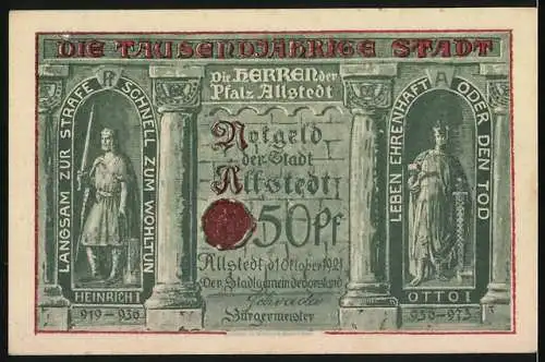 Notgeld Allstedt 1921, 50 Pfennig, Sachsenburg, Kyffhäuser und Schloss, Wappen