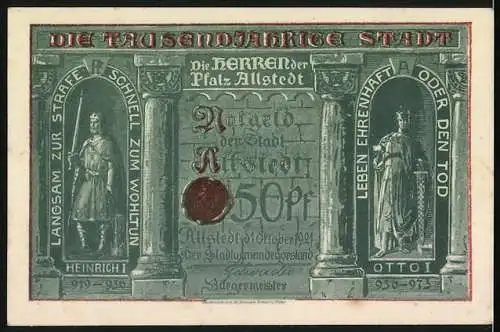 Notgeld Allstedt 1921, 50 Pfennig, Sachsenburg, Kyffhäuser und Schloss, Wappen