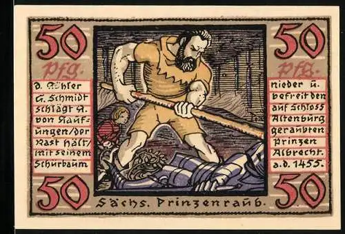 Notgeld Altenburg 1921, 50 Pfennig, Sächsischer Prinzenraub, Der Köhler G. Schmidt schlägt R. von Kaufungen nieder