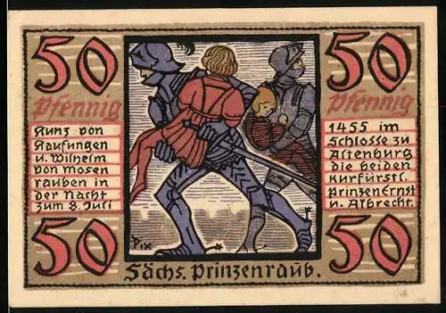 Notgeld Altenburg 1921, 50 Pfennig, Kunz von Kaufungen und Wilhelm von Mosen rauben die Prinzen Ernst und Albrecht