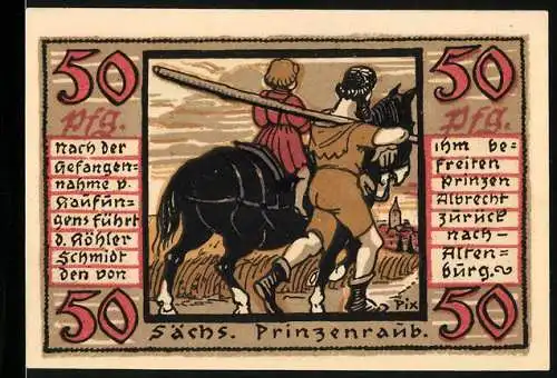 Notgeld Altenburg 1921, 50 Pfennig, Sächsischer Prinzenraub, Der Köhler Schmidt mit Prinz Albrecht