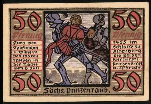 Notgeld Altenburg 1921, 50 Pfennig, Kunz von Kaufungen u. Wilhelm von Mosen rauben die beiden Prinzen Ernst u. Albrecht