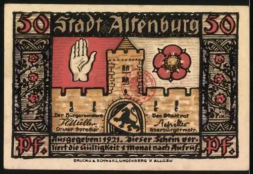 Notgeld Altenburg 1921, 50 Pfennig, Kunz von Kaufungen u. Wilhelm von Mosen rauben die beiden Prinzen Ernst u. Albrecht