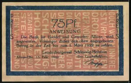 Notgeld Altona /Elbe 1922, 75 Pfennig, Krieger im Gefecht 1848, Wappen