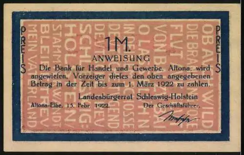 Notgeld Altona /Elbe 1922, 1 Mark, Ortspartie, Küstenpartie, Wappen