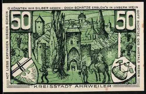 Notgeld Ahrweiler 1921, 50 Pfennig, Reiter am Stadttor, Wappen