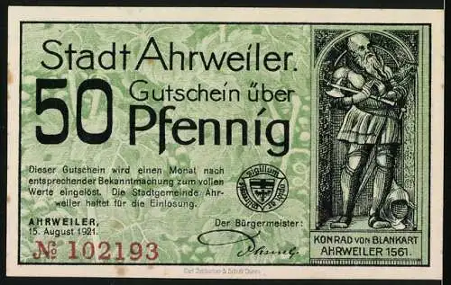 Notgeld Ahrweiler 1921, 50 Pfennig, Reiter am Stadttor, Wappen
