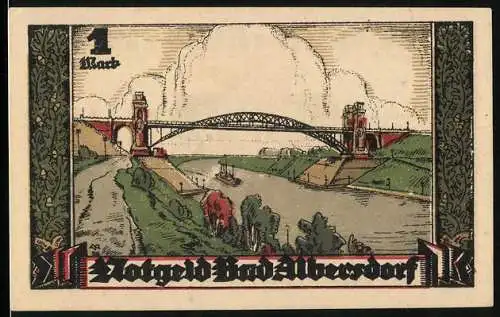 Notgeld Bad Albersdorf 1922, 1 Mark, Uferpartie mit Brücke, Wappen