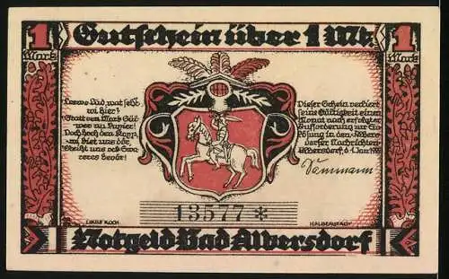 Notgeld Bad Albersdorf 1922, 1 Mark, Uferpartie mit Brücke, Wappen