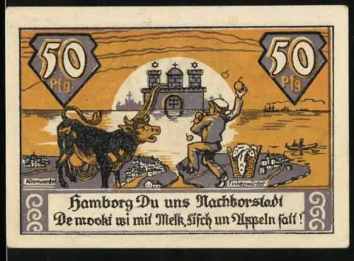 Notgeld Altenwerder-Finkenwärder 1921, 50 Pfennig, Burg und Bauer mit Kuh