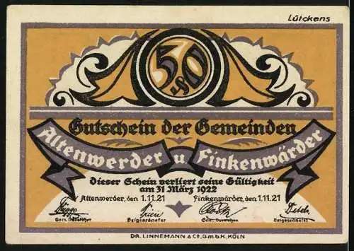 Notgeld Altenwerder-Finkenwärder 1921, 50 Pfennig, Burg und Bauer mit Kuh