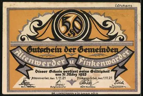 Notgeld Altenwerder-Finkenwärder 1921, 50 Pfennig, Burg und Bauer mit Kuh