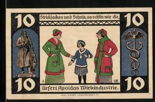 Notgeld Apolda 1921, 10 Pfennig, Apoldas Wirkinsustrie, Strickjacken und Schals