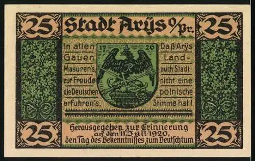 Notgeld Arys 1921, 25 Pfennig, Kirche, Wappen