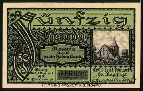 Notgeld Arys 1921, 25 Pfennig, Kirche, Wappen