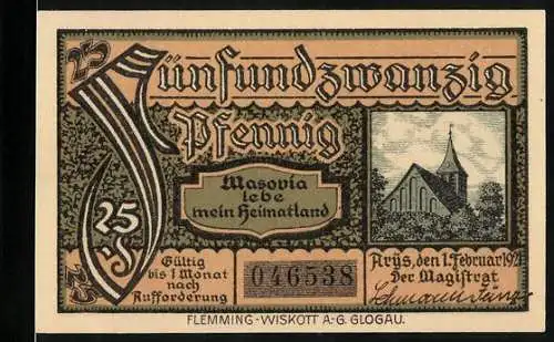 Notgeld Arys 1921, 25 Pfennig, Kirche, Wappen
