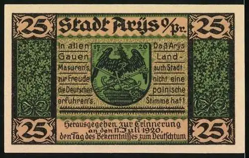 Notgeld Arys 1921, 25 Pfennig, Kirche, Wappen