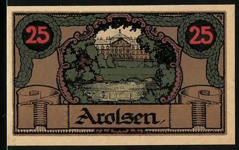 Notgeld Arolsen 1921, 25 Pfennig, Blick auf das Schloss