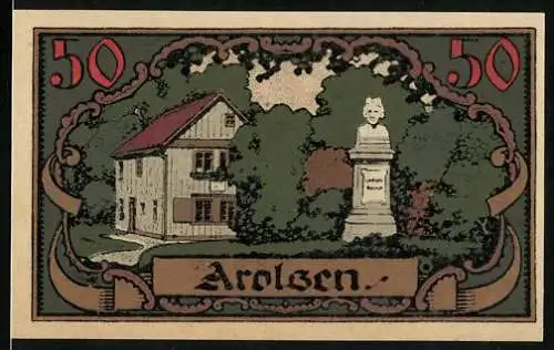 Notgeld Arolsen 1921, 50 Pfennig, Haus und Rauch-Denkmal