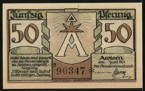 Notgeld Arolsen 1921, 50 Pfennig, Haus und Rauch-Denkmal