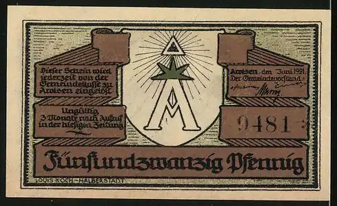 Notgeld Arolsen 1921, 25 Pfennig, Blick auf das Schloss