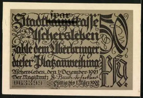 Notgeld Aschersleben 1921, 50 Pfennig, Bauer fängt Maden vom Baum