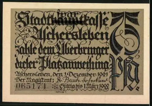 Notgeld Aschersleben 1921, 75 Pfennig, Bauern beizen Getreide