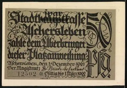 Notgeld Aschersleben 1921, 50 Pfennig, Bauer spritzt das Obst