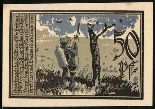 Notgeld Aschersleben 1921, 50 Pfennig, Bauer spritzt das Obst