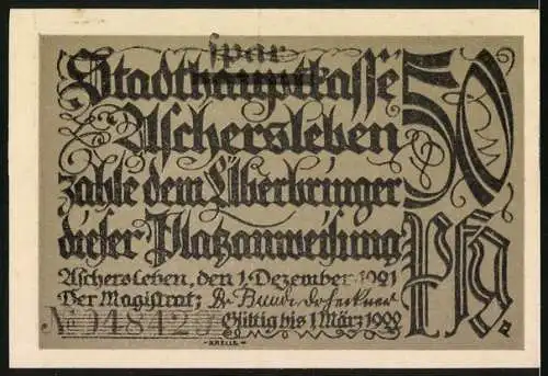 Notgeld Aschersleben 1921, 50 Pfennig, Bauer fängt Maden vom Baum