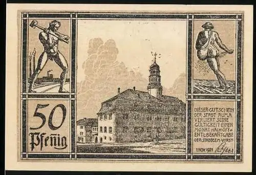 Notgeld Auma 1921, 50 Pfennig, Rathaus, Arbeiter und Bauer