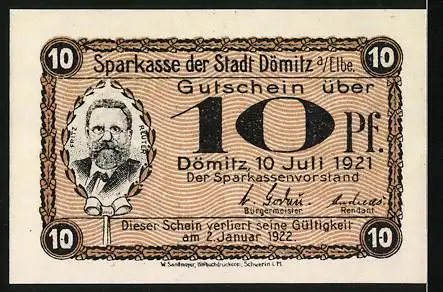 Notgeld Dömitz 1921, 10 Pfennig, Reutersten