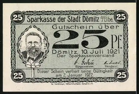 Notgeld Dömitz 1921, 25 Pfennig, Fritz Reuter-Gefängnis