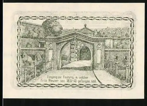 Notgeld Dömitz 1921, 50 Pfennig, Eingang zur Festung, in welcher Fritz Reuter von 1839 gefangen sass