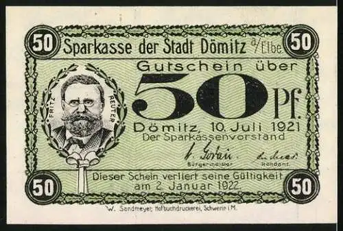 Notgeld Dömitz 1921, 50 Pfennig, Eingang zur Festung, in welcher Fritz Reuter von 1839 gefangen sass