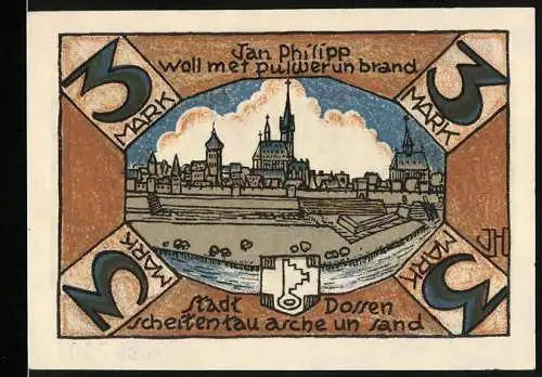 Notgeld Dorsten, 3 Mark, Jubiläum 675 jähriges Bestehen der Stadt, Teilansicht mit Kirche