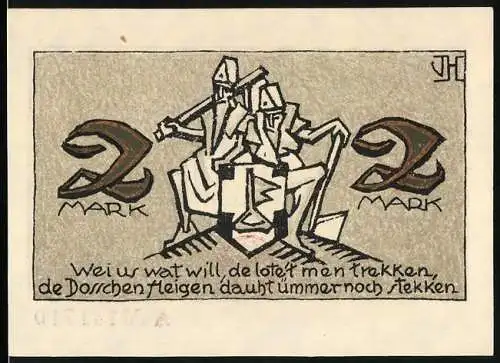 Notgeld Dorsten, 2 Mark, Jubiläum 675 jähriges Bestehen der Stadt, Soldaten mit Wappen