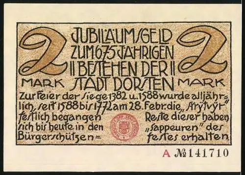 Notgeld Dorsten, 2 Mark, Jubiläum 675 jähriges Bestehen der Stadt, Soldaten mit Wappen