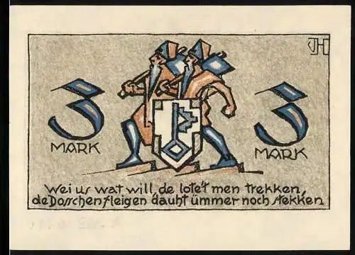 Notgeld Dorsten, 3 Mark, Jubiläum 675 jähriges Bestehen der Stadt, Soldaten mit Wappen