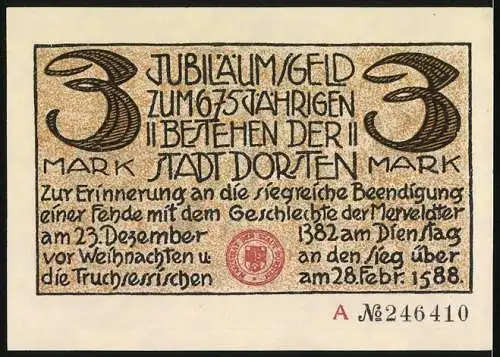 Notgeld Dorsten, 3 Mark, Jubiläum 675 jähriges Bestehen der Stadt, Soldaten mit Wappen