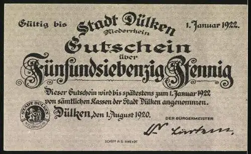 Notgeld Dülken 1920, 75 Pfennig, Neujahrsfest und 30. Jubiläum der Aufrichtung der akademischen Windmühle 1824
