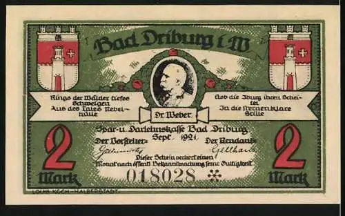 Notgeld Bad Driburg i. W. 1921, 2 Mark, Ortspartie