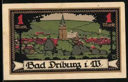 Notgeld Bad Driburg i. W. 1921, 1 Mark, Teilansicht mit Kirche