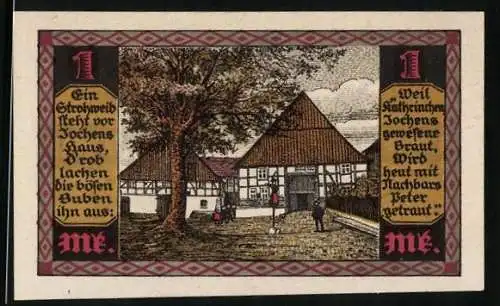 Notgeld Drenke /Kreis Höxter 1921, 1 Mark, Strohweib vor Jochens Haus