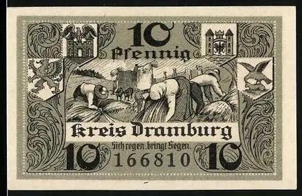 Notgeld Dramburg 1920, 10 Pfennig, Bauern auf dem Feld, Wappen